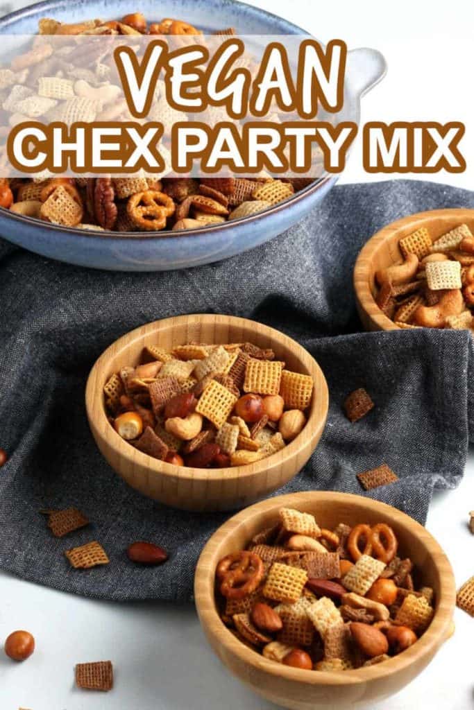 Bowls full of snack mix made with cereals and nuts.