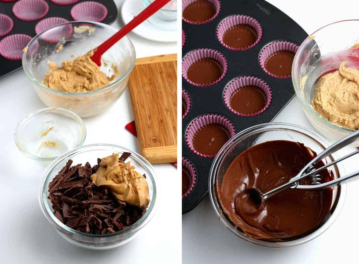 Combining chocolate and peanut butter to melt and then scooping chocolate into candy cups.