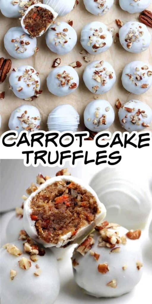 Carrot Cake truffles lined up and in a row with text for pinning