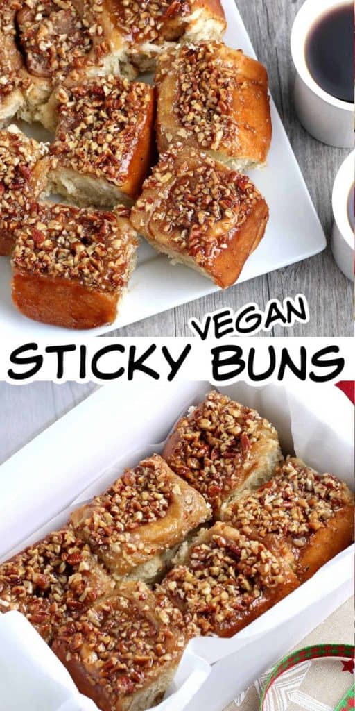 Two photos filled with sticky buns covered in topping.