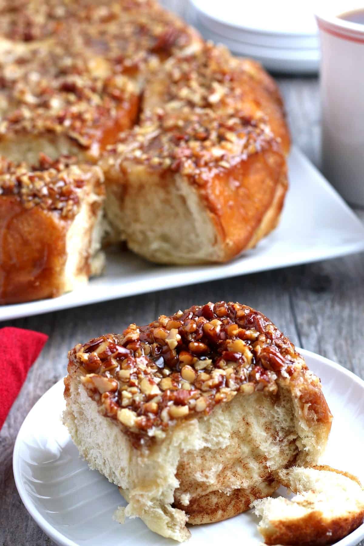 One sticky bun pulled off the full loaf and photographed up close.