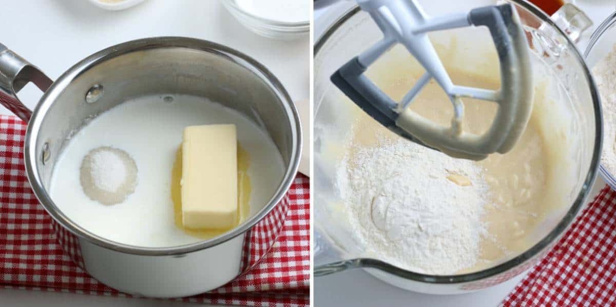 A saucepan combines sugar & butter. A mixer with sweet mixture & flour.