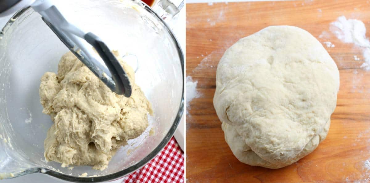 Mixing bowl with finished dough and a ball of dough on a wooden board.