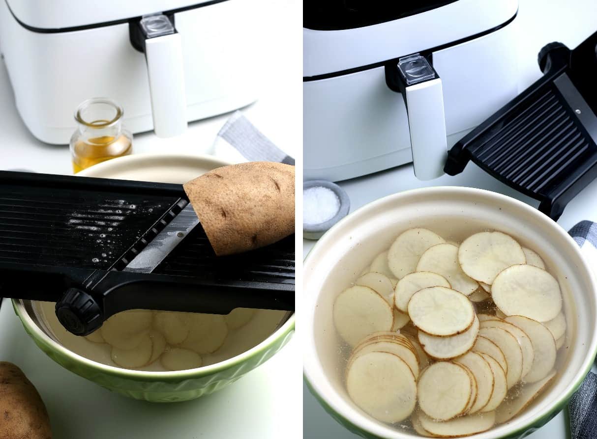 Two photos for slicing and soaking thin potato slices.