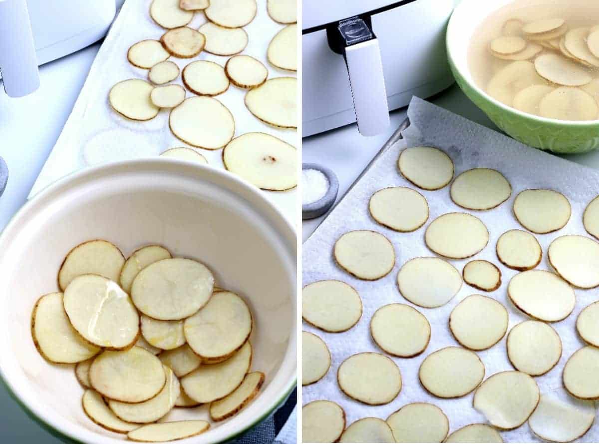 Two photos of drained & oiled slices and patting them dry.