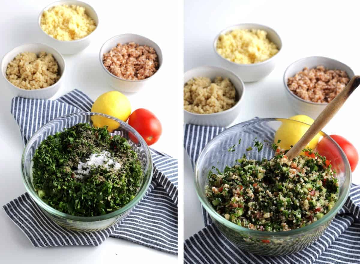 Two photos showing the herbs and then tossing with other ingredients.