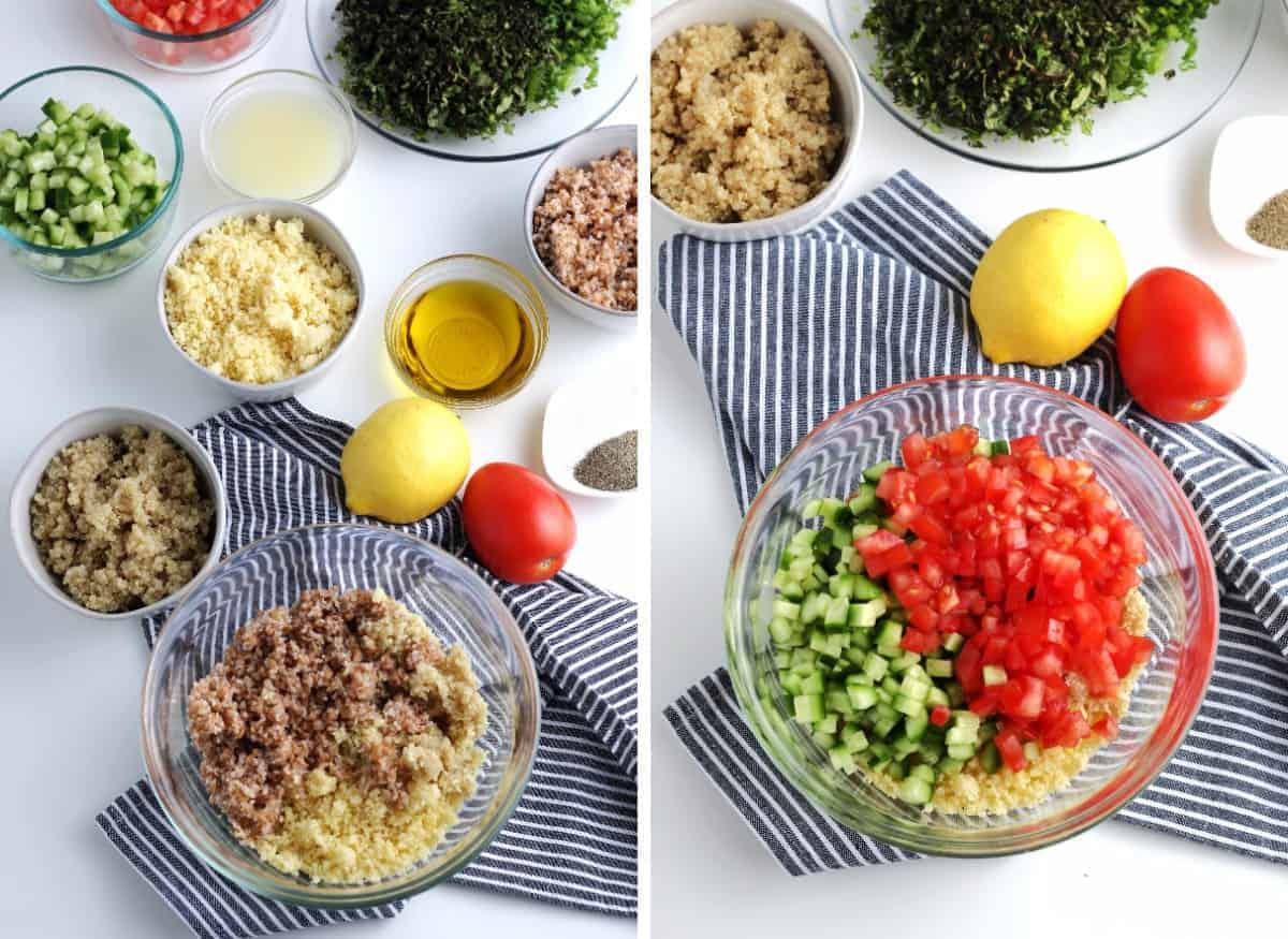 Two photos showing grains and added chopped veggies.