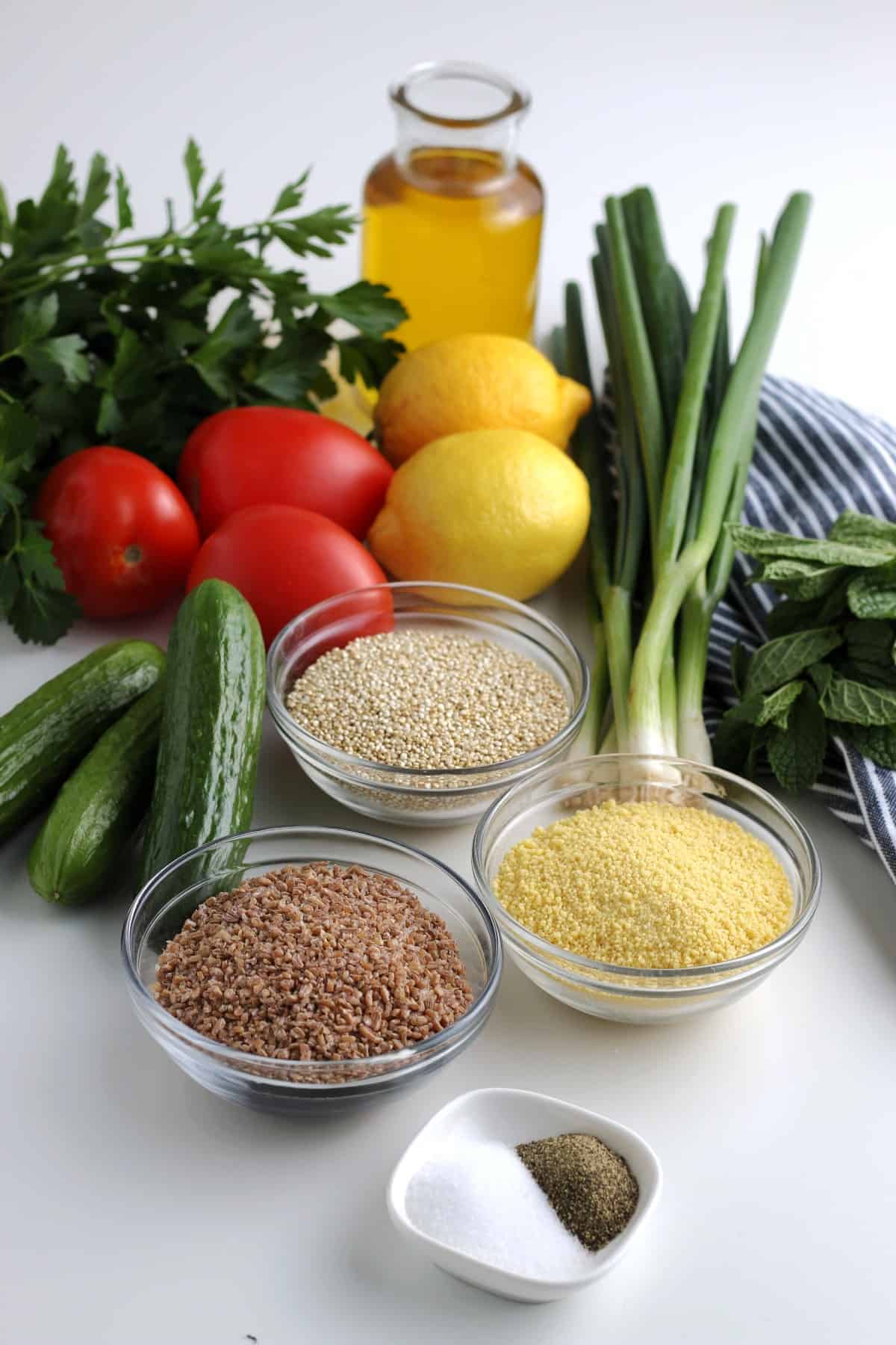 All of the ingredients to make a grain and veggie lunch.