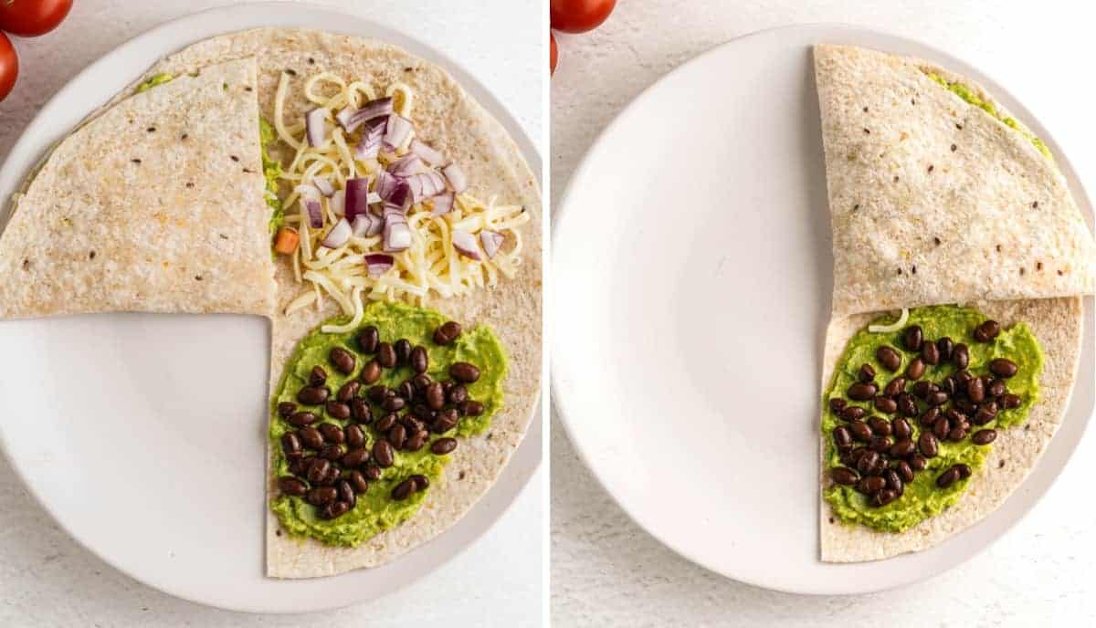 Two photos showing the first two folds for this veggies quesadilla recipe.