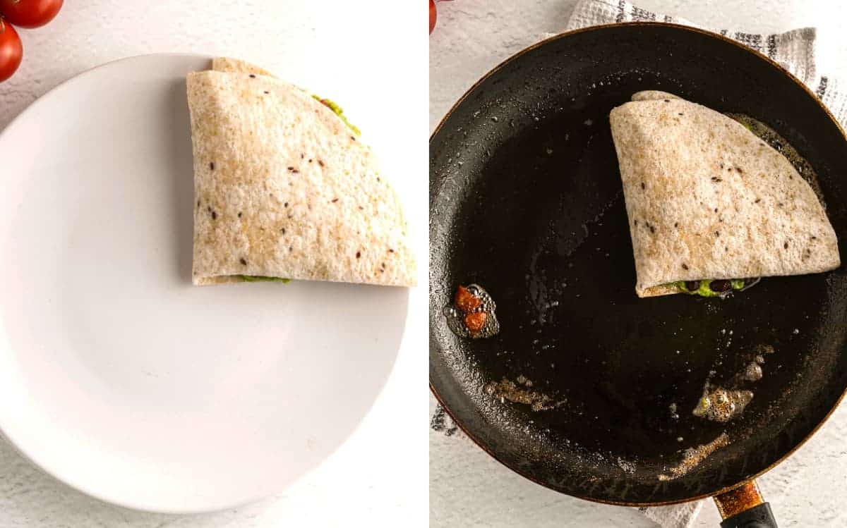 Two photos showing the final folded tortilla and then frying in a pan.