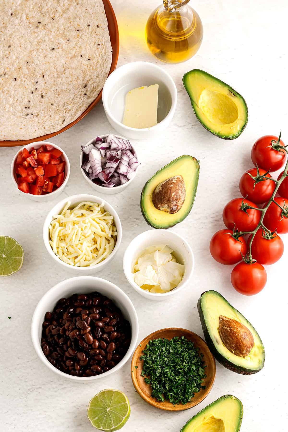 All of the ingredients for quesadillas vegan style.