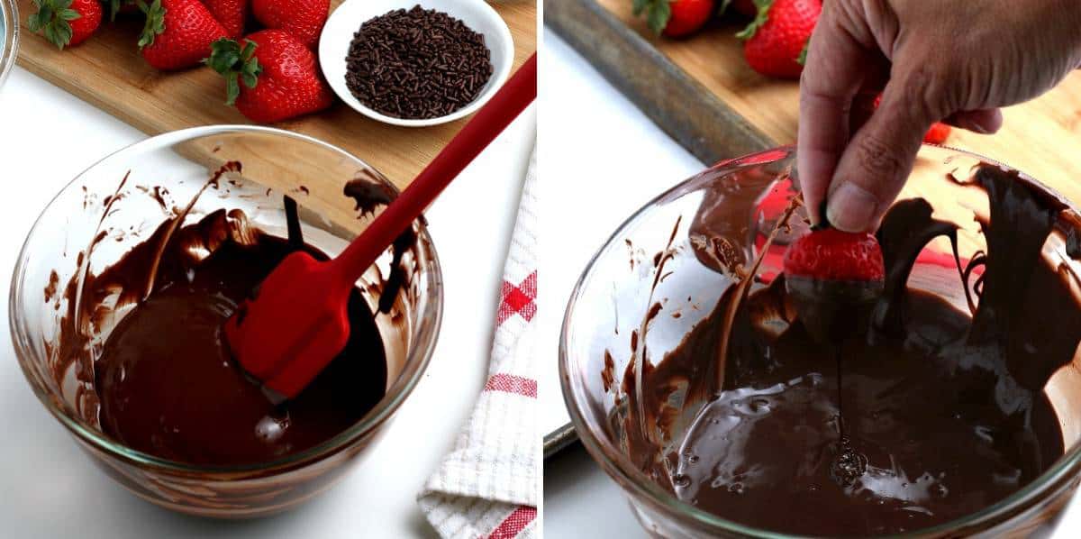 Melting chocolate and dipping strawberries into it.