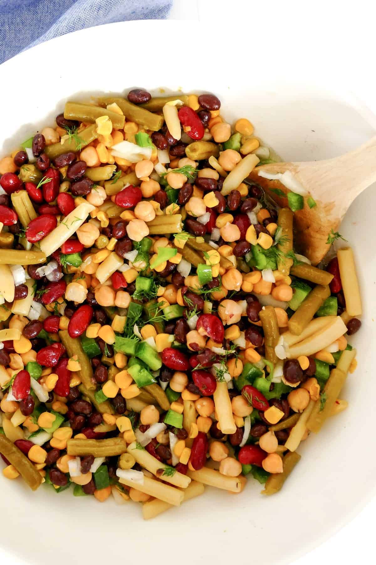 Overhead of a bowl full of mixed bean salad.