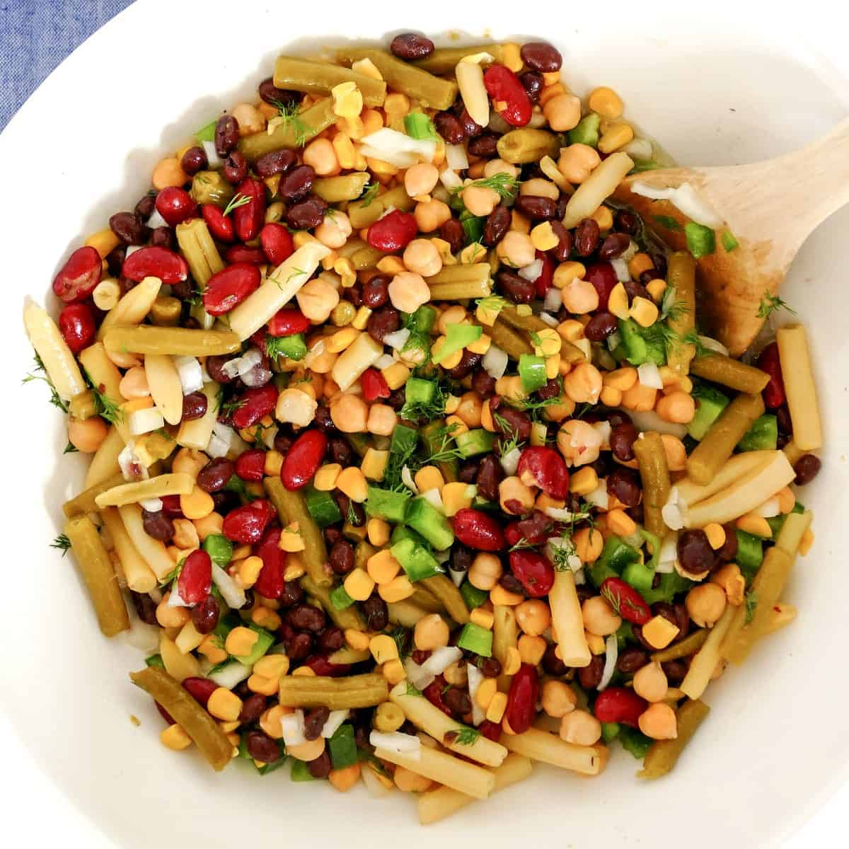 Overhead photo of a large bowl filled with a cold lunch.