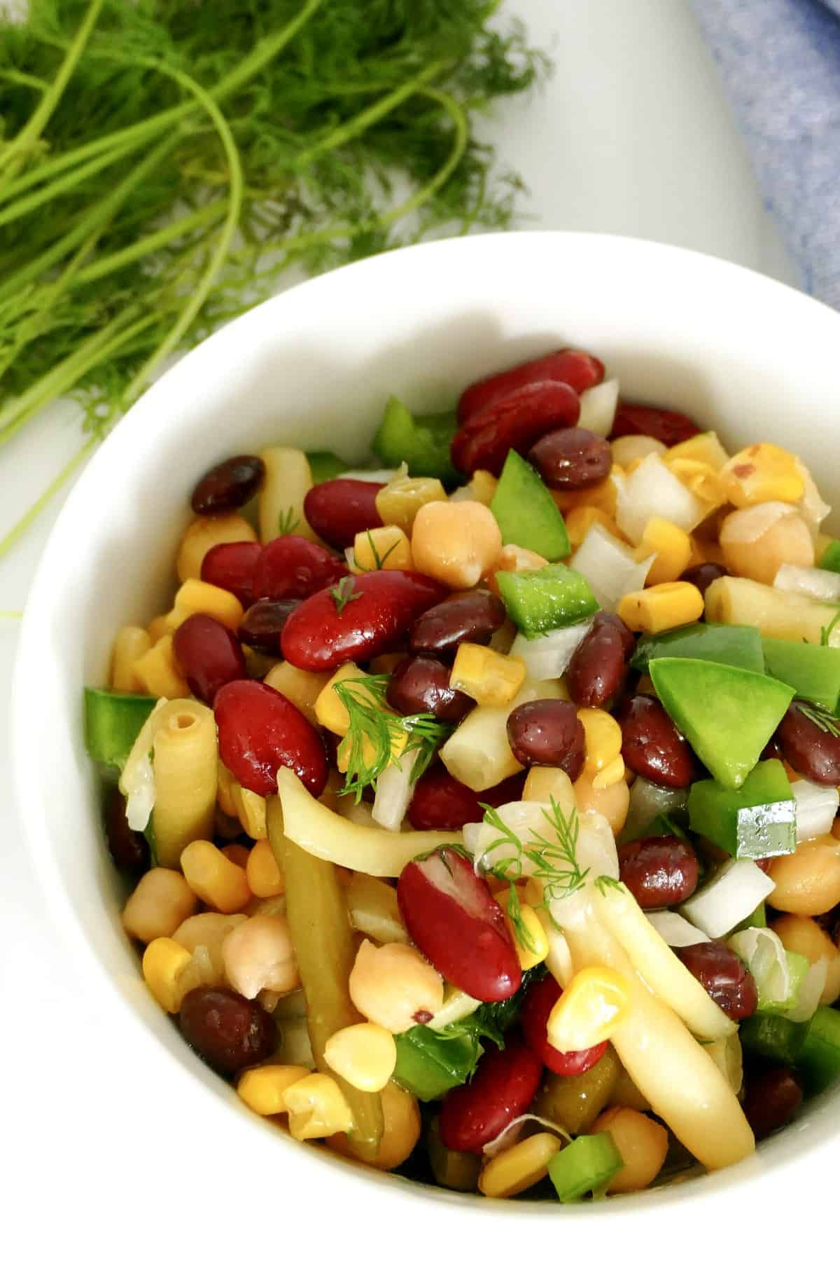 Close up of overhead photo of 5 bean salad.