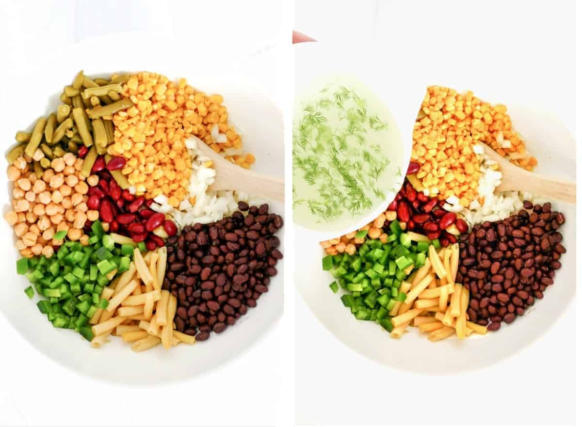 Two photos showing ingredients in bowl and adding the dressing.