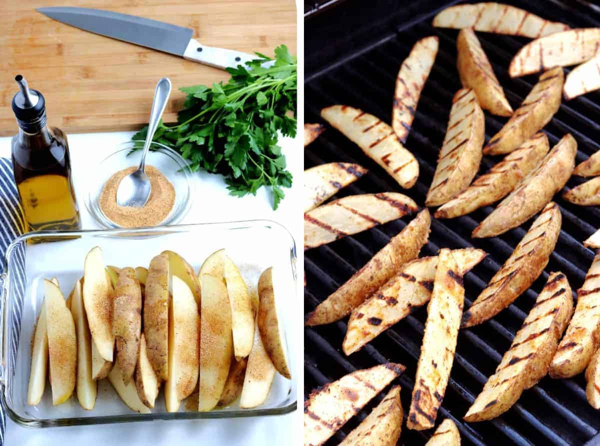 Sliced veggies being tossed with spices and the cooked on a grill.