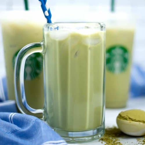 Tall glass mug filled with iced green tea latte,