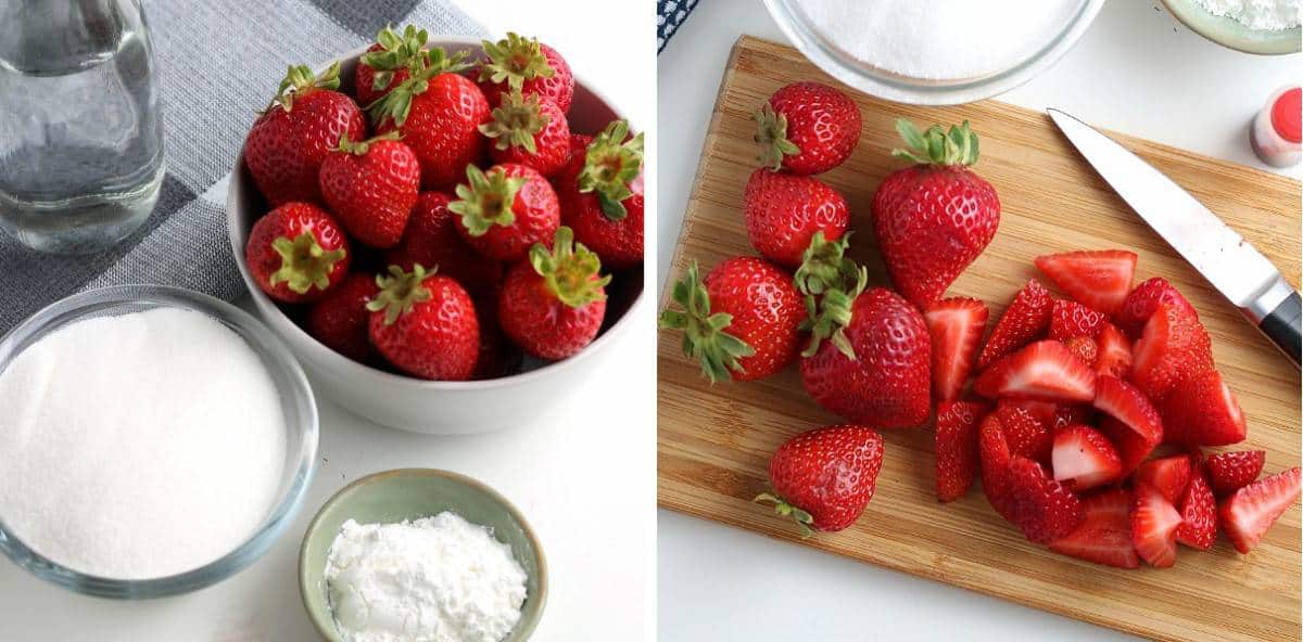 Ingredients for strawberry sauce and chopping the strawberries.