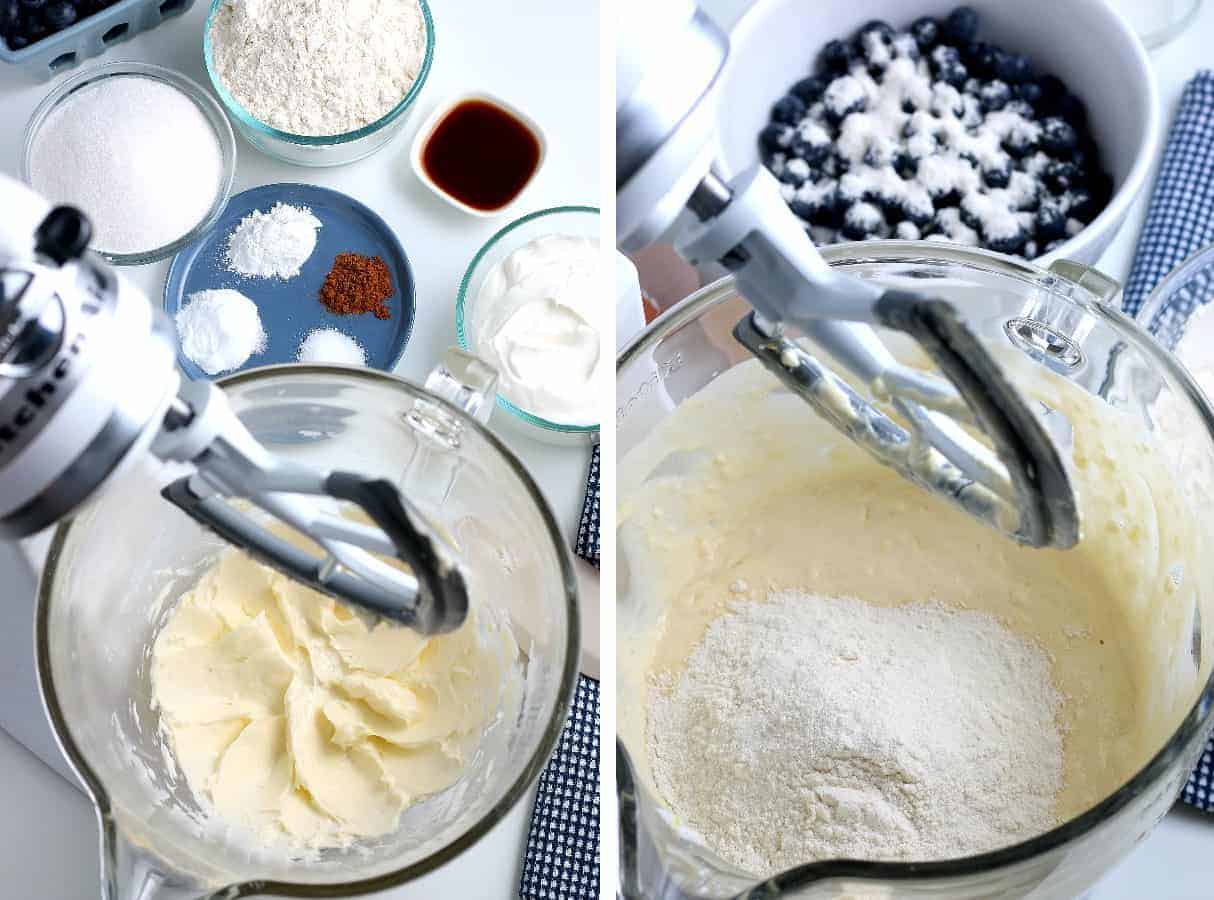Two photos showing creaming butter and adding more ingredients.