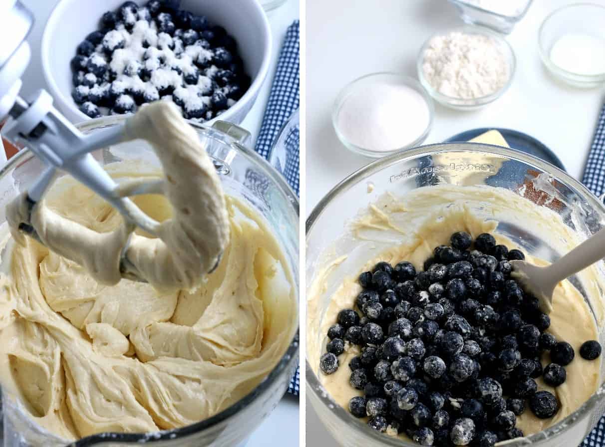 Two photos showing beating cake ingredients together and folding in blueberries.
