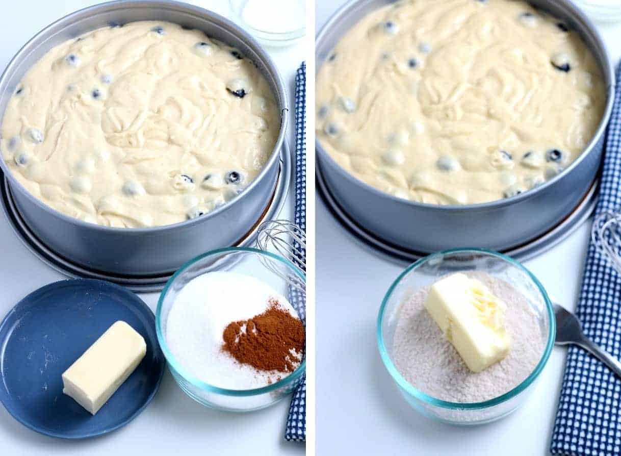 Two photos showing ingredients for the topping and cutting in the butter.