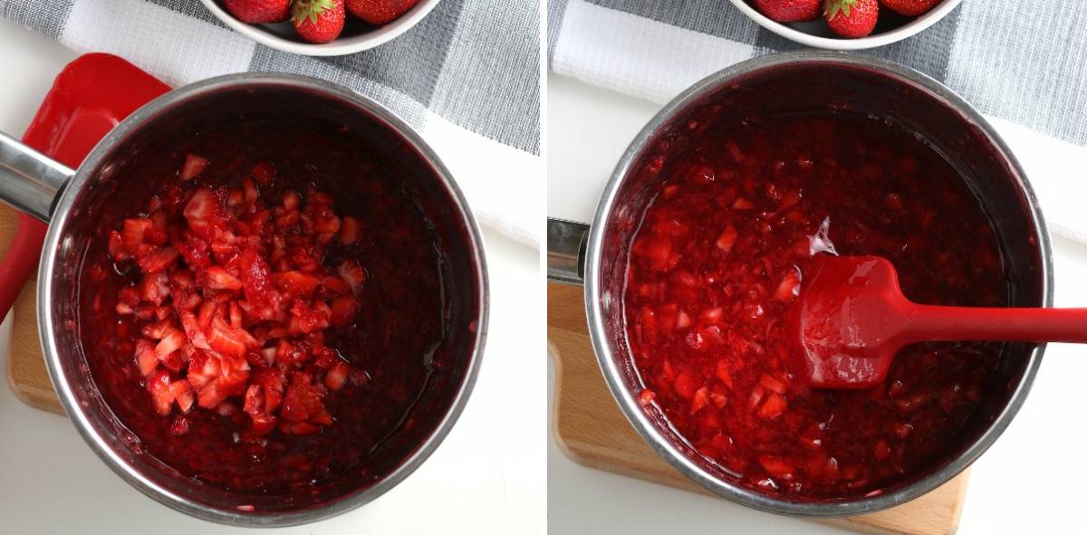 Two photos of strawberries being cooked in a saucepan.