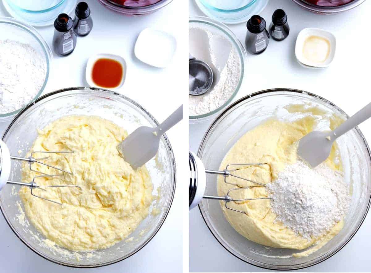 Two process photos have creamed butter and then adding in the flour.