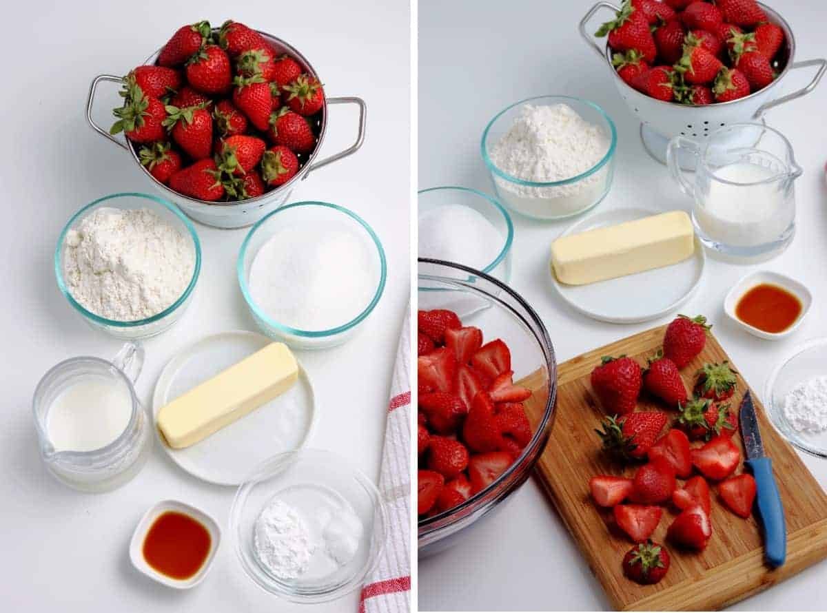 All of the ingredients are measured out and the strawberries are being sliced.