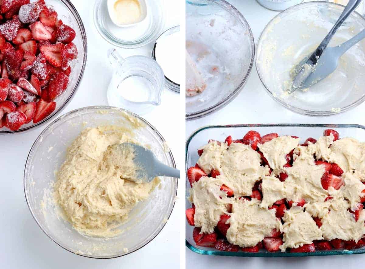 Bowl of mixed topping and the casserole with berries and topping dolloped.