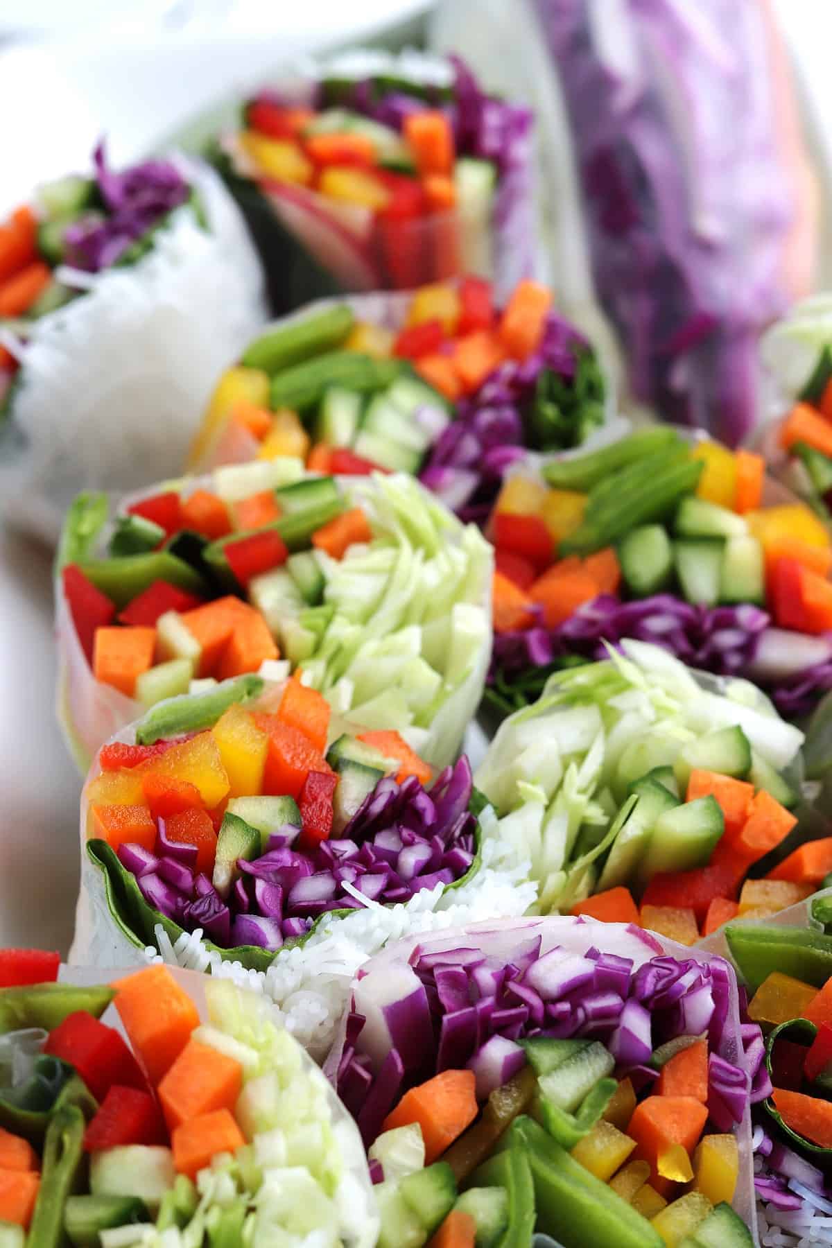 Beautiful and colorful close-up of dinner with lots of veggies.