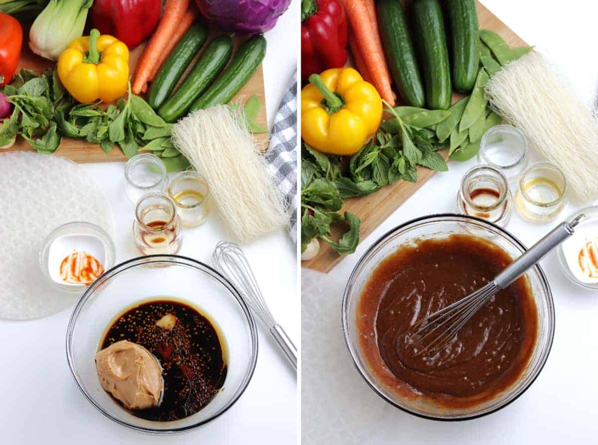 All of the ingredients for peanut dipping sauce and then mixed together.