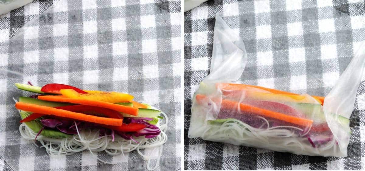 Sliced veggies being layed out on rice paper and then rollup up.