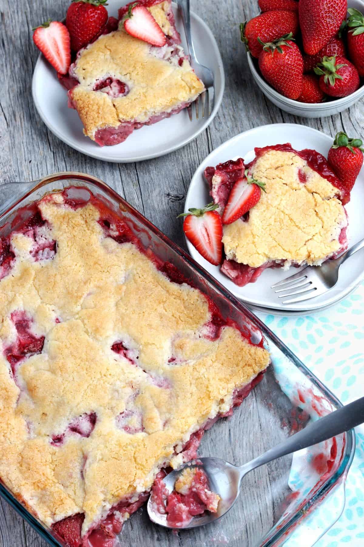 Overhead view of a casserole filled with baked pie dessert.