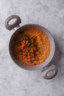 Turn the skillet contents into the pot of lentils and vegetable broth