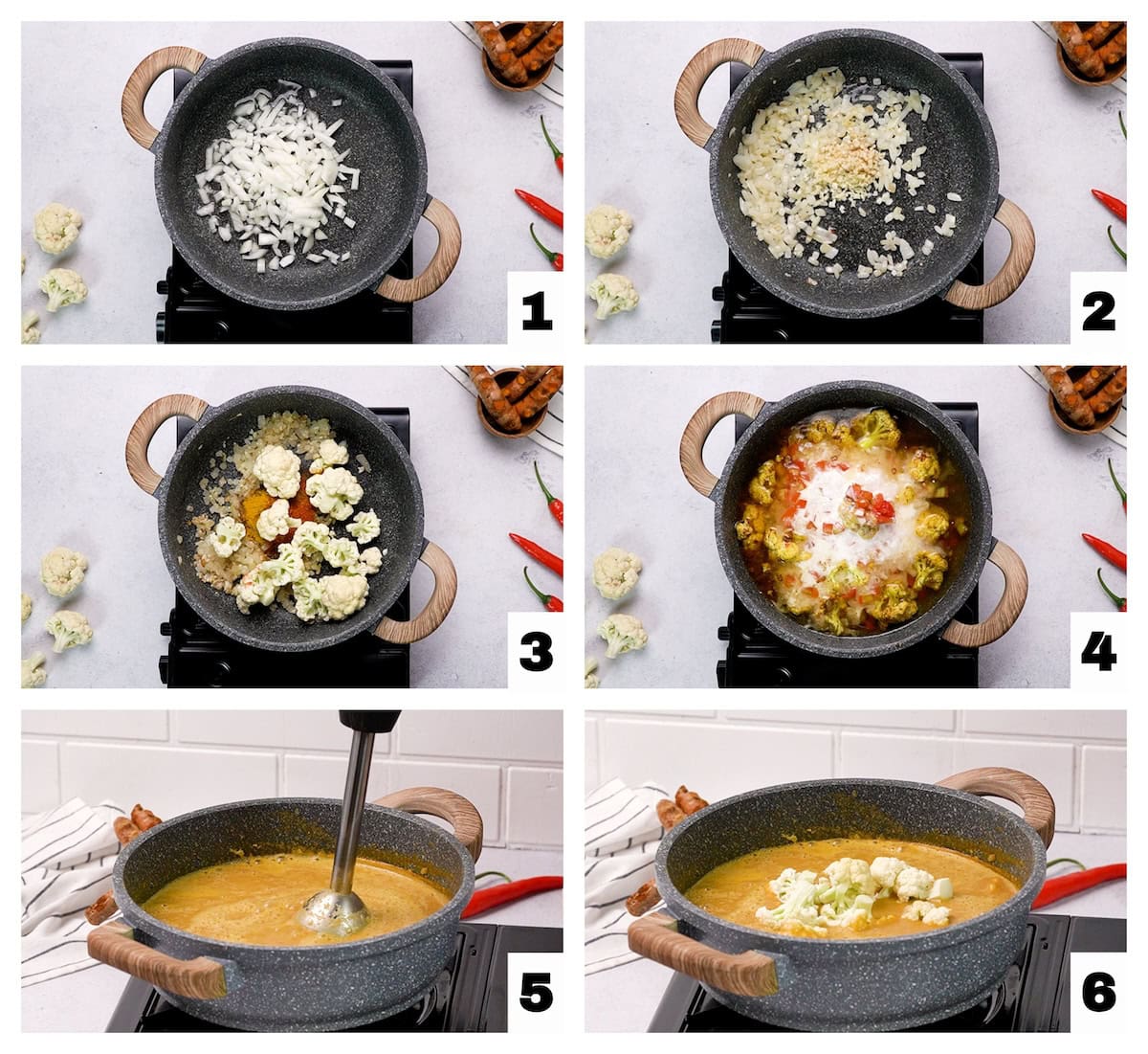 steps 1 through 6 of the cauliflower tikka masala soup recipe