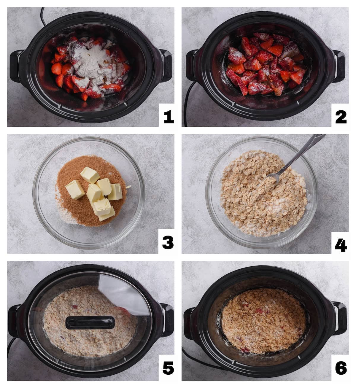 steps 1 through 6 of the slow cooker strawberry crisp recipe