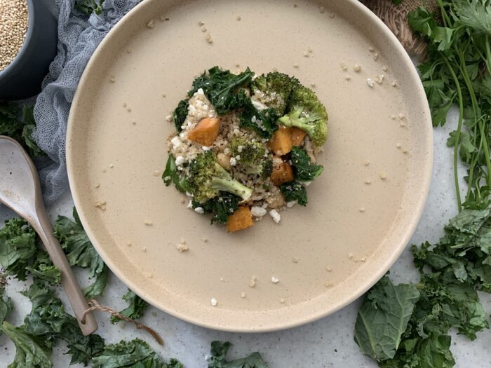 broccoli quinoa salad on a plate ready to serve