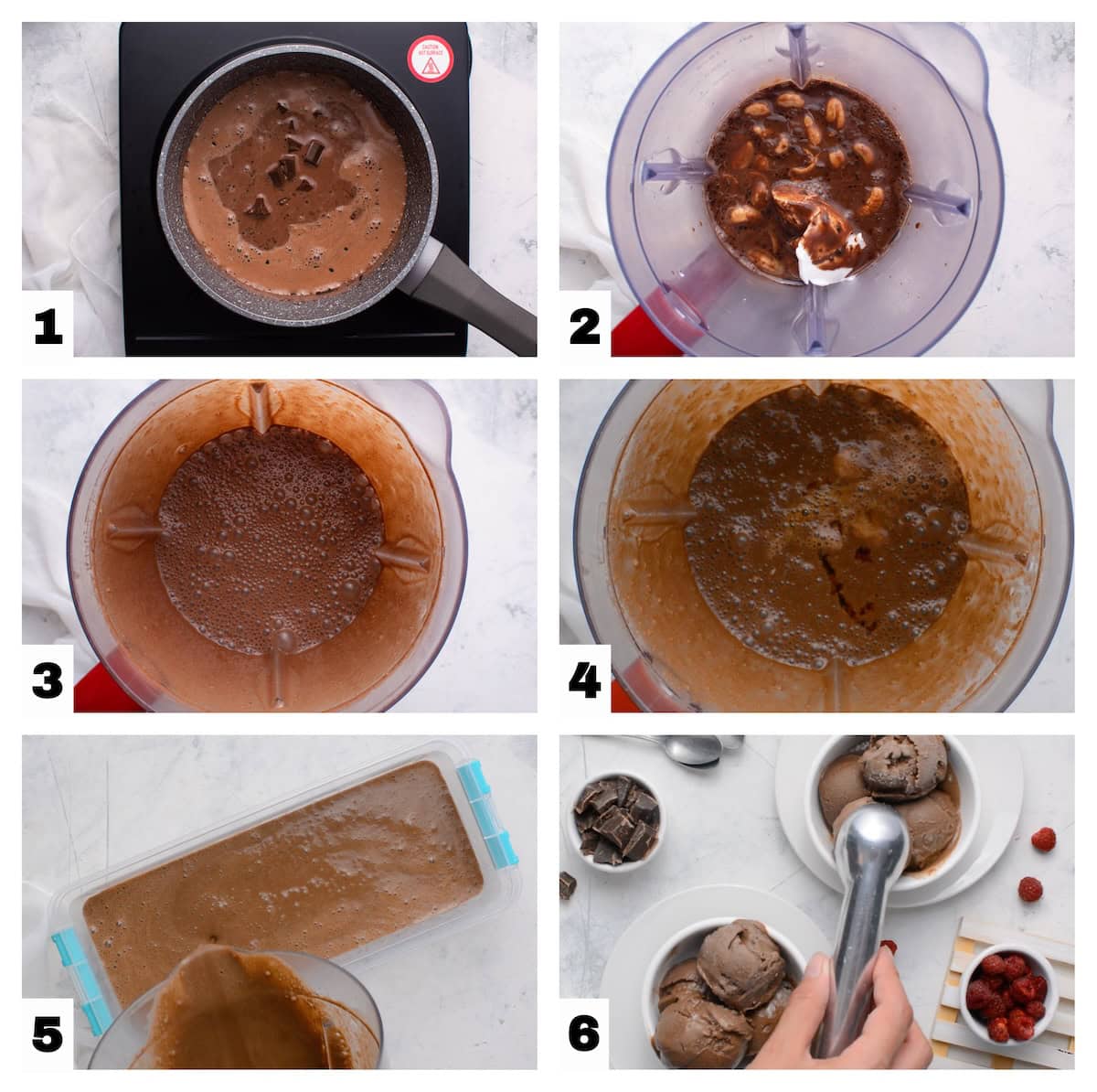 steps 1 to 6 of the vegan chocolate ice cream recipe