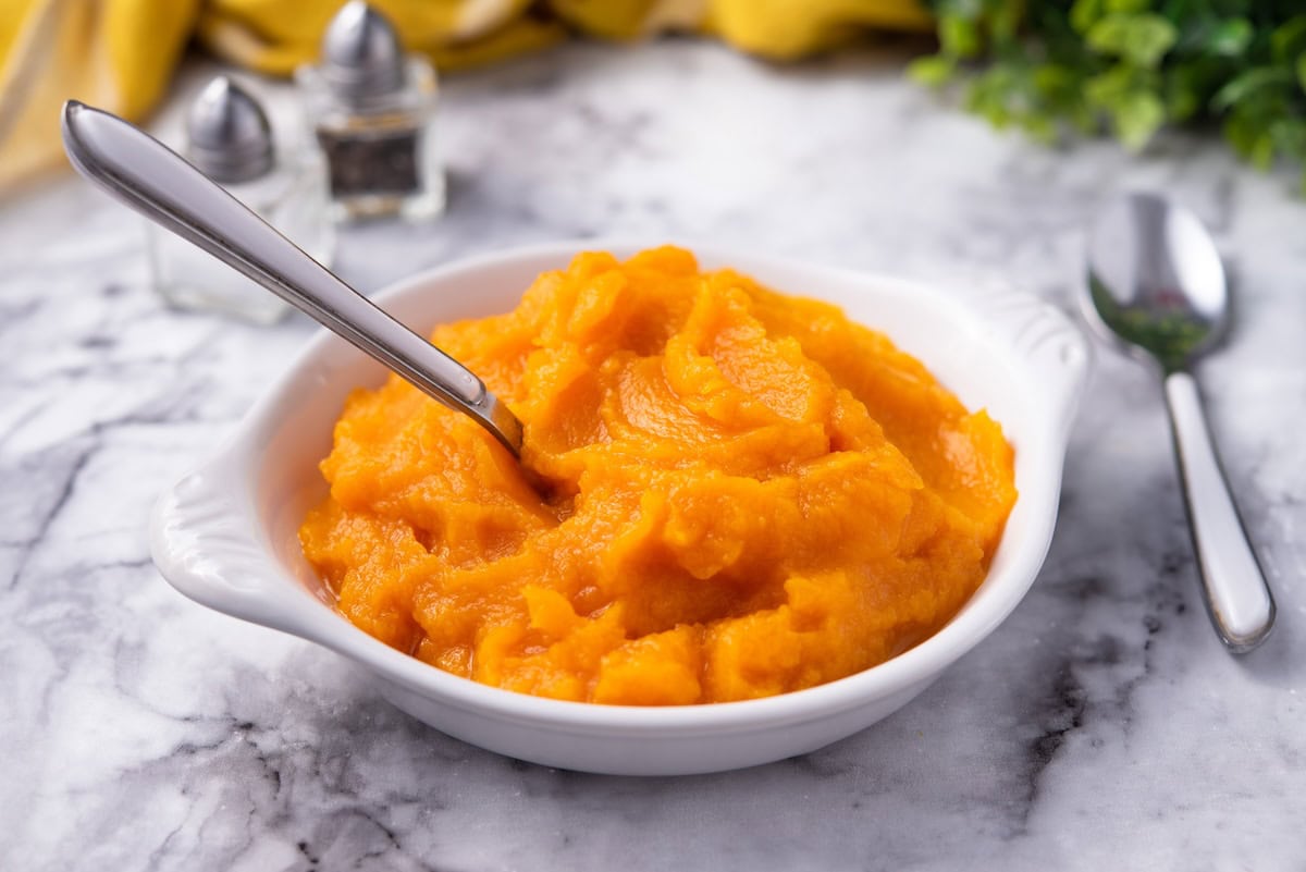 butternut squash puree in a serving dish