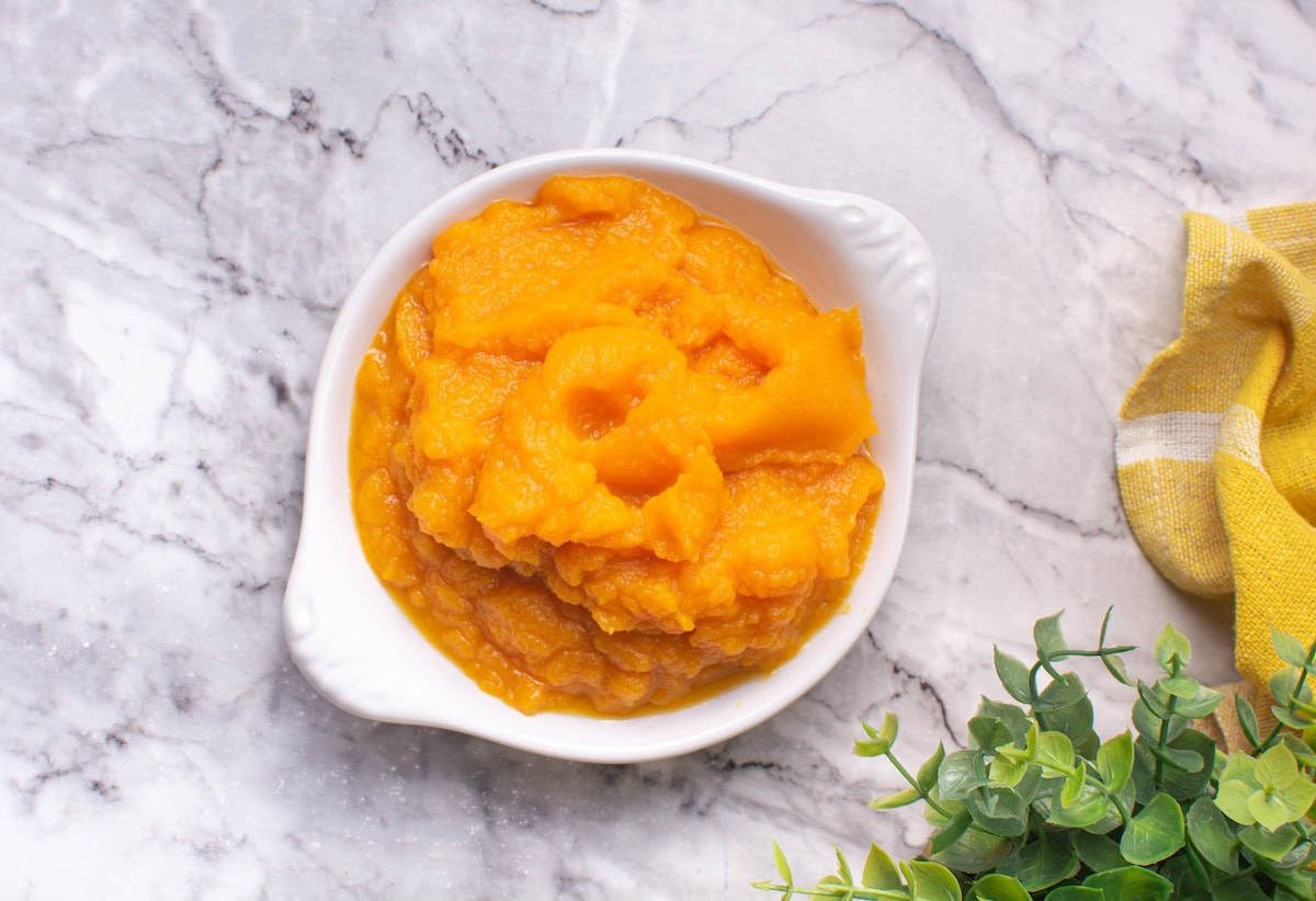 butternut squash puree in a serving dish