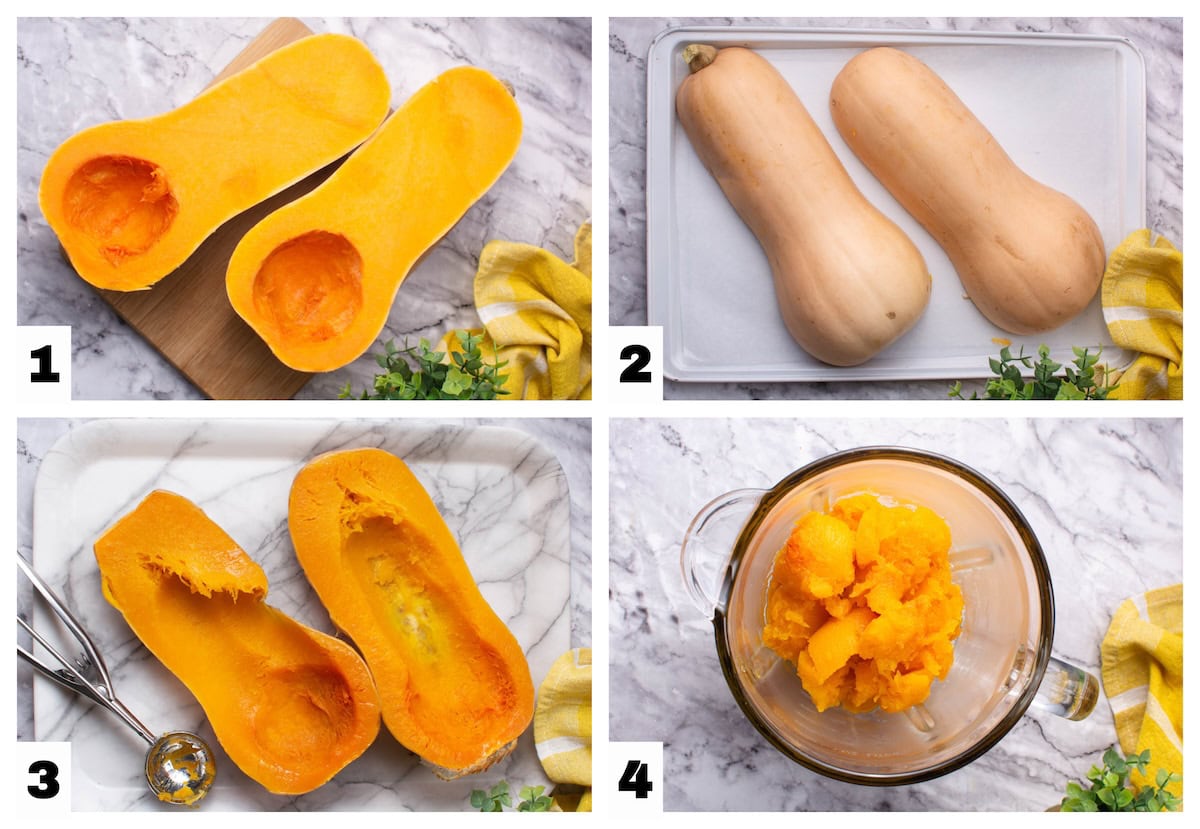 steps 1 through 4 of the butternut squash puree recipe