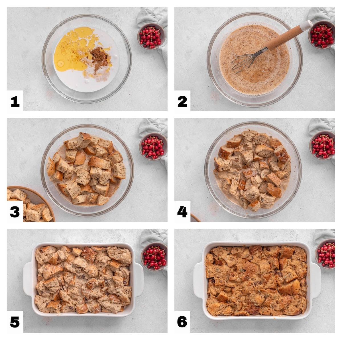 steps 1 through 6 of the vegan bread pudding recipe