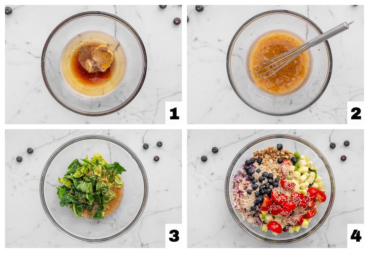 steps 1 through 4 of the superfood salad with maple vinaigrette recipe